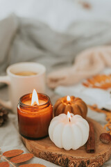Atmospheric candles - shape of pumpkins and candle in amber glass jar with wooden wick, autumn decor on gray bed. Autumn cozy home and hygge concept