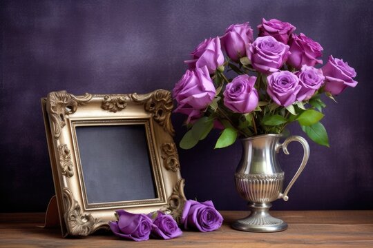 beautiful violet roses with an empty picture frame on a wooden shelf Generative AI