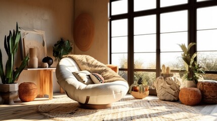 In the living room, there is a comfortable armchair with a pillow, a bright lamp, a table, some dried plants in a vase, an ottoman, and a carpet on the floor. Bohemian design, Generative AI