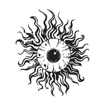 eyes with the aura of the sun behind them, tattoo, doodle art