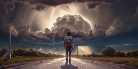 Fototapeta premium Student with Backpack Walk to School Thunder Storm Background, Back to School Concept. Generative Ai