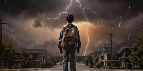 Fototapeta na wymiar Student with Backpack Walk to School Thunder Storm Background, Back to School Concept. Generative Ai