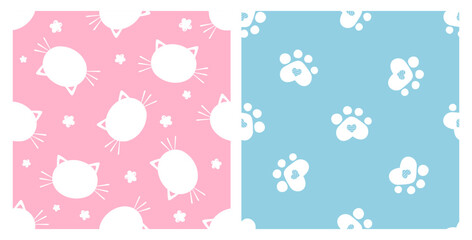 Seamless pattern with cat face, little flower and paw print on pink and blue backgrounds vector illustration.