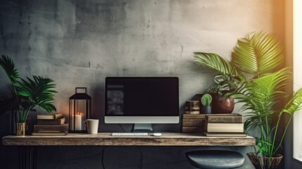 A depiction of a mock-up PC desktop in front of a concrete wall in a loft. items on a table at a bright internet caf�. mock-up of a minimalist interior. including the clipping path Generative AI