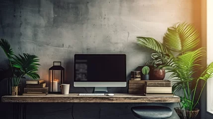 Foto op Plexiglas A depiction of a mock-up PC desktop in front of a concrete wall in a loft. items on a table at a bright internet caf�. mock-up of a minimalist interior. including the clipping path Generative AI © 2rogan