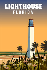 Retro Poster Key West Lighthouse Florida. Palm, coast, ocean vector