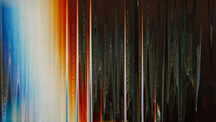 Glitch overlay. Color noise texture. Distressed screen defect. Blue orange white glow artifacts dust scratches on dark black illustration abstract background.