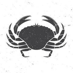Crab icon silhouette. Vector illustration. Vintage monochrome crab on white background. Prawns. For seafood emblem, sign, patch, shirt, menu restaurants, fish markets, stores, label, sticker.