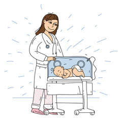 Neonatal doctor with baby in incubator - obrazy, fototapety, plakaty