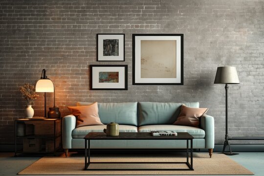 A contemporary loft living room with a couch, table, chair, floor lamp, and empty picture frames against a brick-colored wall. Scene to demonstrate the appearance of any images, posters, Generative AI