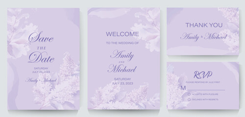 Lilac floral print. Wedding invitation card, save the date, thank you, rsvp template.
 Vector. Branches watercolor