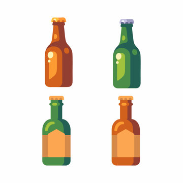 vector set of beer bottles, flat design on white isolated, various kinds of beer bottles