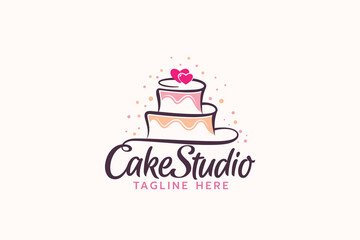 Cake studio logo with a combination of beautiful lettering and a cake in line style.