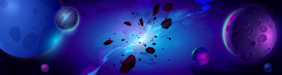 Fototapeta na wymiar Galaxy explosion nebula space cartoon vector background. Universe crack at night sky outer cosmos illustration. Abstract futuristic fiction blue starry dark landscape with smoke and neon light shine.