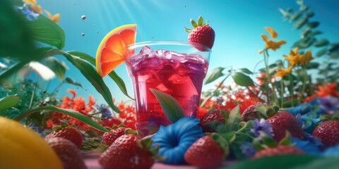 Obraz na płótnie Canvas Freshy Fruit Juice Background with Various Fruits, Summer Festive Time. Generative Ai