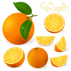 Fresh ripe oranges with leaves