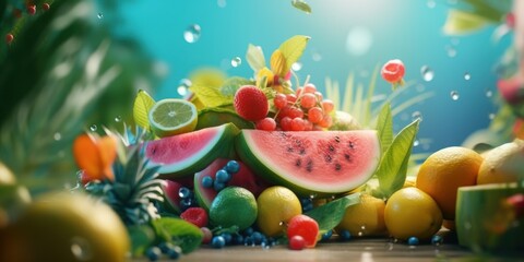 Fototapeta na wymiar Freshy Various Fruits For Summer Background, Summer Festive Time Concept. Generative Ai