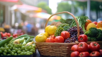 Farmers market, featuring a shopping basket filled with a vibrant assortment of organic, locally sourced fruits and vegetables. Sustainable agriculture and conscious consumer choices. Generative AI