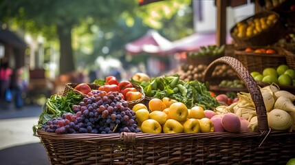 Farmers market, featuring a shopping basket filled with a vibrant assortment of organic, locally sourced fruits and vegetables. Sustainable agriculture and conscious consumer choices. Generative AI