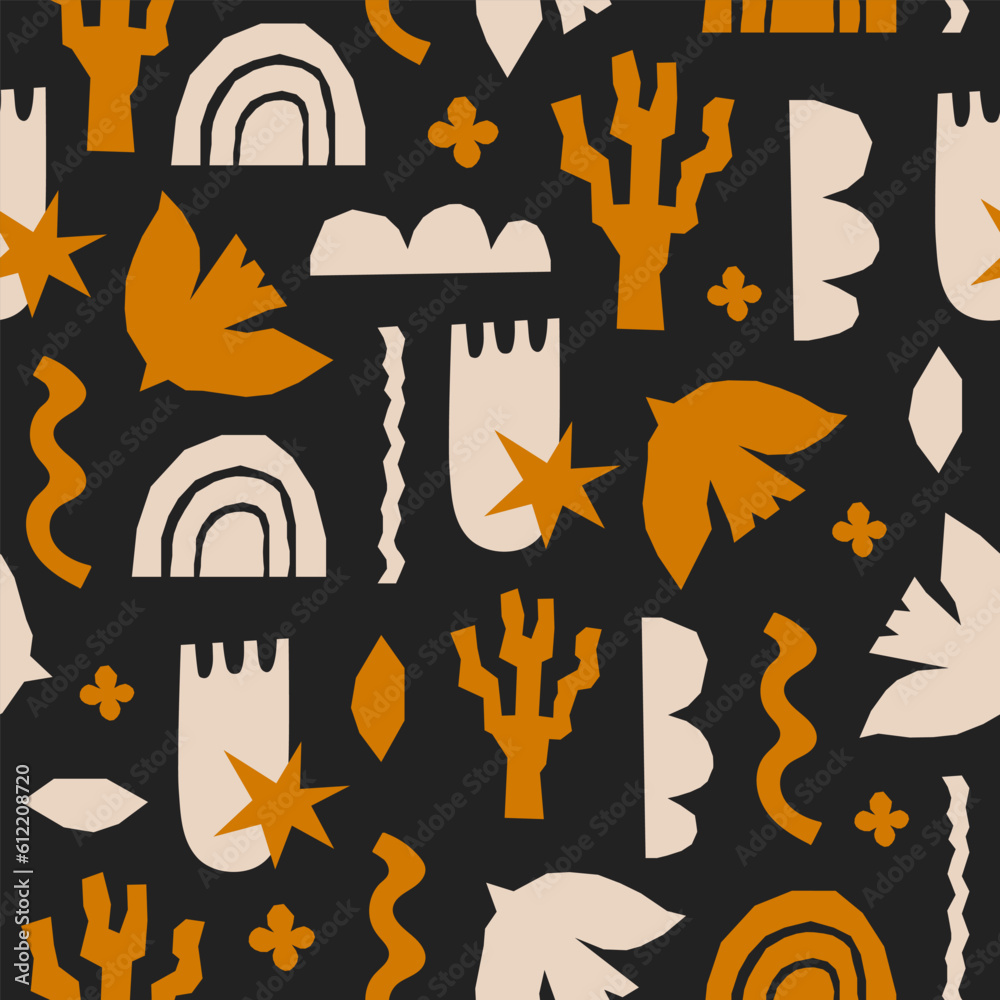 Poster Abstract seamless pattern with geometric cutting doodles. Trendy random shapes on a black background. Vector illustration