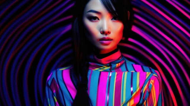 Fototapeta Young female model posing with trendy fashion outfit and colorful glowing vibrant green and pink optical art abstract background. Picturesque generative AI
