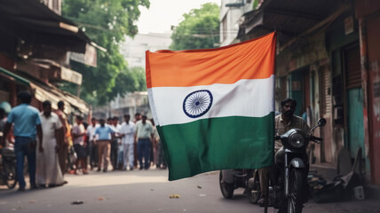 Indian national flag on background of city or provincial street with crowd of people, on day of holiday Indian Independence Day Generative AI - obrazy, fototapety, plakaty