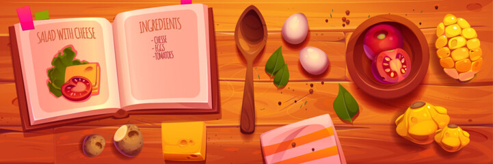 Kitchen wood table top view with recipe cookbook vector background. Home healthy cooking ingredients on board above interior. Housewife preparation for instructions with corn, cheese and patisson
