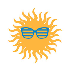 The sun is yellow with rays in blue trendy glasses on a white background. Galactic star. Cheerful cute print for throw pillows, summer holiday clothes. 