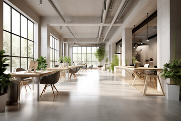 Fototapeta premium an office with wood desks and glass walls, in the style of high detailed, grey academia, wood, photo-realistic landscapes, vintage minimalism, light silver and light brown
