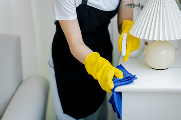 Young women use cleaning cloths and disinfectant sprays to wipe tables and mop floors in the house. cleaning staff cleaning maid