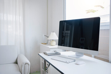 business people workplace Empty computer studio room. Office style. Modern equipment and objects.