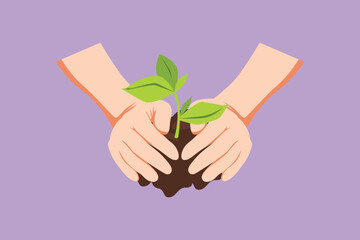 Graphic flat design drawing front view of farmer hands growing young tree, save world, heal world, love nature. Ecology sapling tree growing up and planting on land. Cartoon style vector illustration