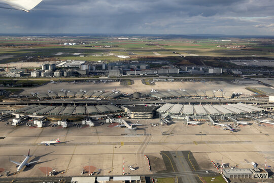 Paris Charles de Gaulle CDG Airport Terminal 2 aerial view in France