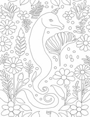 cute Seahorse line art with floral background for coloring book interior  