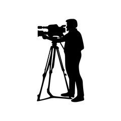 Cameraman silhouette or videographer man standing to operation professional camcorder with tripod. Icon vector illustration in trendy style. Editable graphic resources for many purposes.