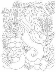 Seahorse black and white out line for adult coloring book interior  