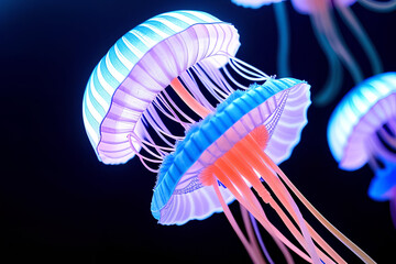 bright poisonous jellyfish swim in blue water, background, closeup, Generative AI