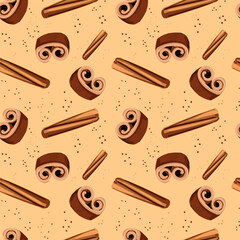 Fototapeta premium Cinnamon Seamless pattern with cinnamon sticks bark. background with brown spice aromatic ingredient. For packaging, textile, print, template, cards. Hand drawn ornament. Vector illustration