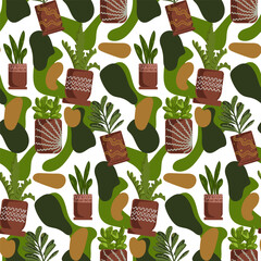 Home plants seamless pattern. Repeating design element for printing on fabric. Gardening and love for nature and environment. Cartoon flat vector illustration