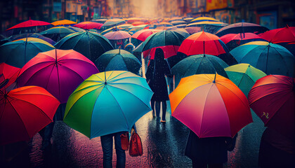 colorful umbrella open in the crowded street on the street Generative AI