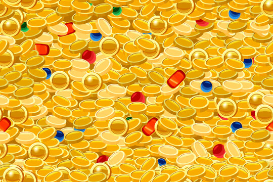 Gold coin seamless pattern background, pile of gold coins with gem stones treasure top view. Vector illustration pattern