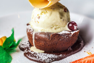 A decadent dish of frozen fruit and creamy ice cream, a perfect sweet treat for any occasion.
