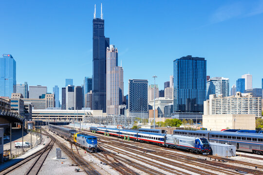 Skyline With Amtrak Trains Railway Near Union Station In Chicago, United States