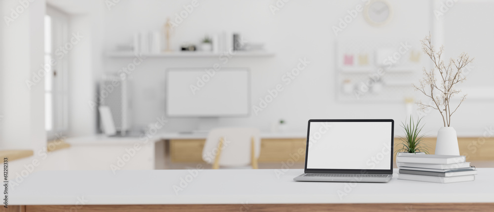 Canvas Prints minimalist workspace with laptop mockup on a white table in a cozy minimal office.