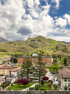 View of San Pellegrino Terme in Lombard, Italy as seen from the QC San Pellegrino Spa. The empty San Pellegrino Grand Hotel can be seen in the image