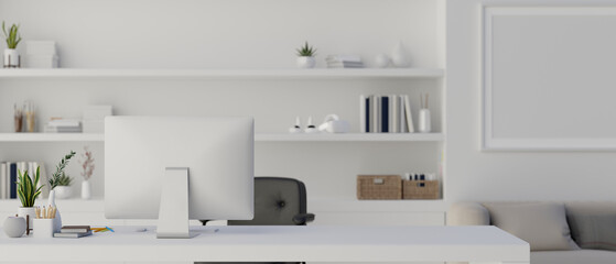 Interior design of a modern contemporary white office with computer desk