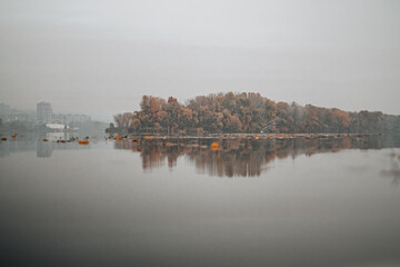 Fototapeta na wymiar The Dnieper River in the City of Dnepr in autumn. Foggy morning. spit on the embankment of victory. Trees branches with yellow leaves, bird fishermen near the river