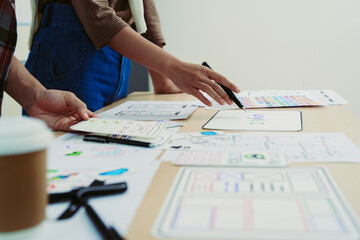 Team of Creative Web, Graphic Designer planning, drawing website ux ui app for mobile phone...