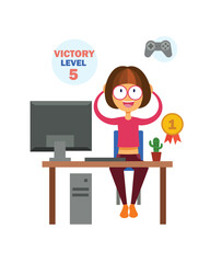 Young female sitting at table and playing, happy to win computer game. Indoors activity and hobby. Online games and eSports concept. Recreation and leisure time at home. Vector flat illustration