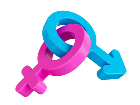 3d minimal couple relationship concept. male and female gender symbols hooked together. 3d illustration.